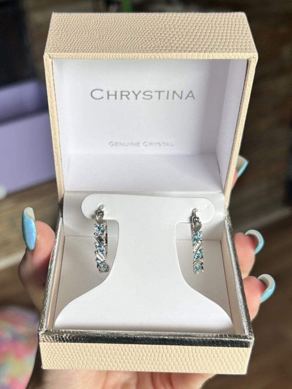 Chrystina Genuine Crystal Silver Tone Hoop Earrings Blue & Clear NWT